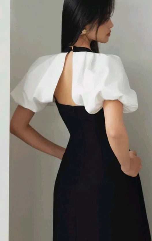 Elegant A-Line Halter-Neck Puff-Sleeve Cutout-Back Midi-Length Evening Dress