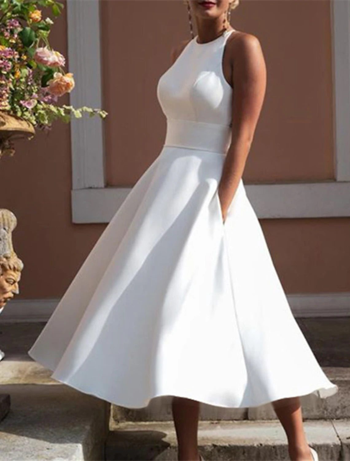 Elegant A-Line Halter Satin Tea Length Little White Wedding Reception Dress.