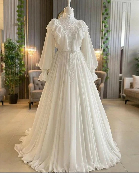 Elegant A-Line High Neck Bishop-Sleeve Open Back Chiffon Train Evening Dress