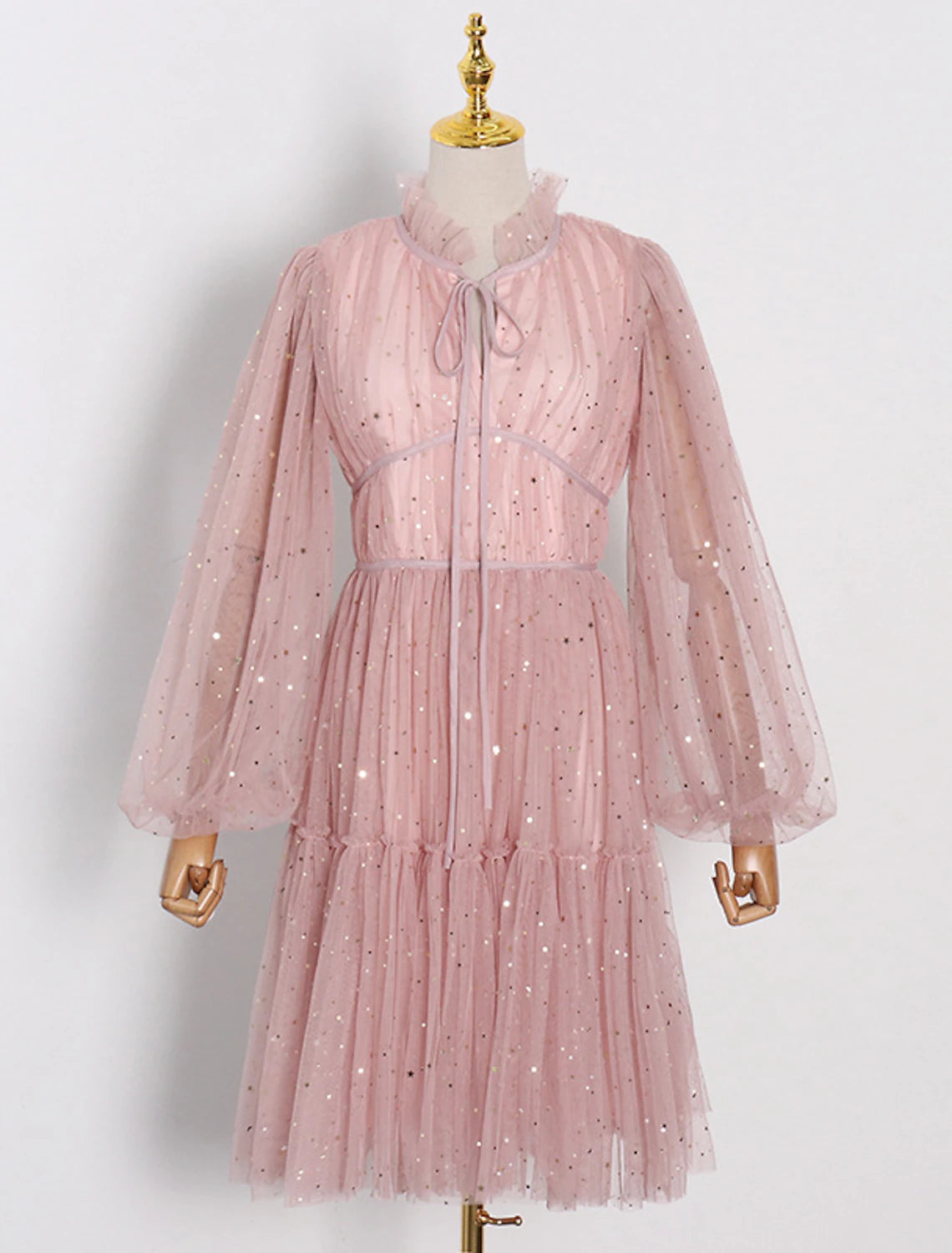Elegant A-Line High Neck Long Sleeve Glitter Tulle Knee Length Party Dress.