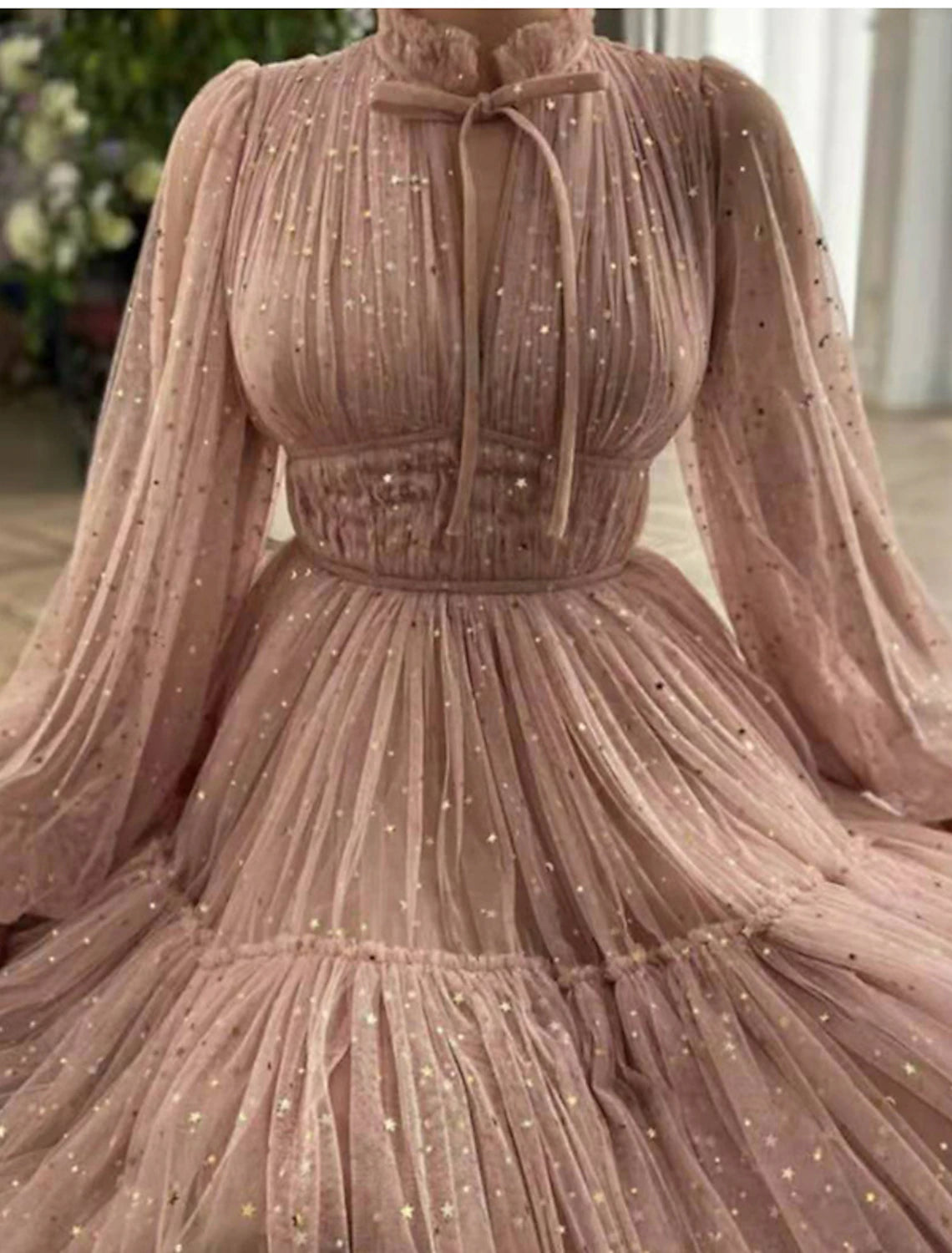 Elegant A-Line High Neck Long Sleeve Glitter Tulle Knee Length Party Dress.