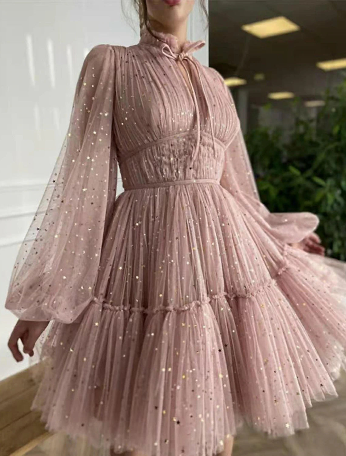 Elegant A-Line High Neck Long Sleeve Glitter Tulle Knee Length Party Dress.