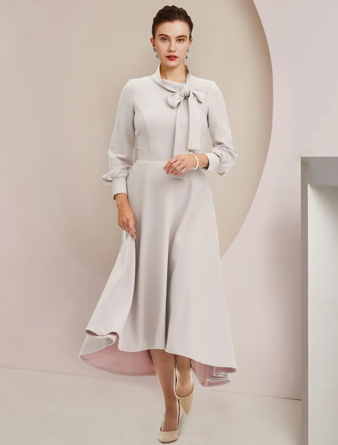 Elegant A-Line High Neck Long Sleeve Tea Length Mother of the Bride Dress.