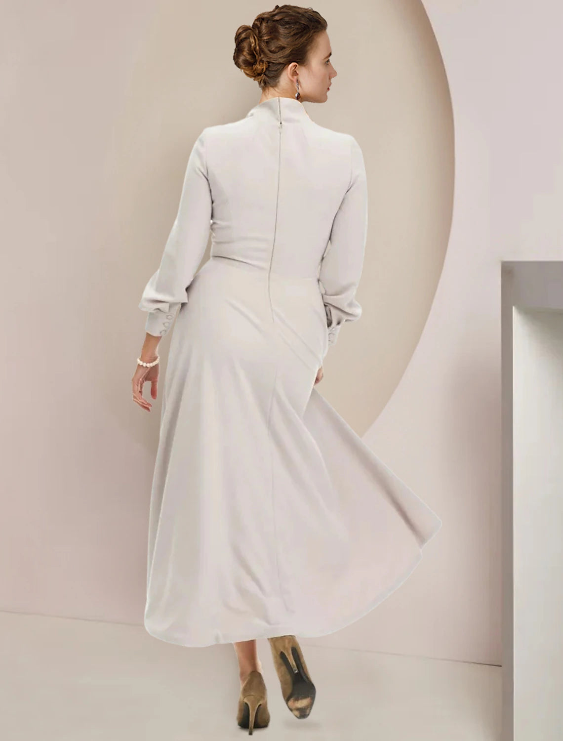 Elegant A-Line High Neck Long Sleeve Tea Length Mother of the Bride Dress.