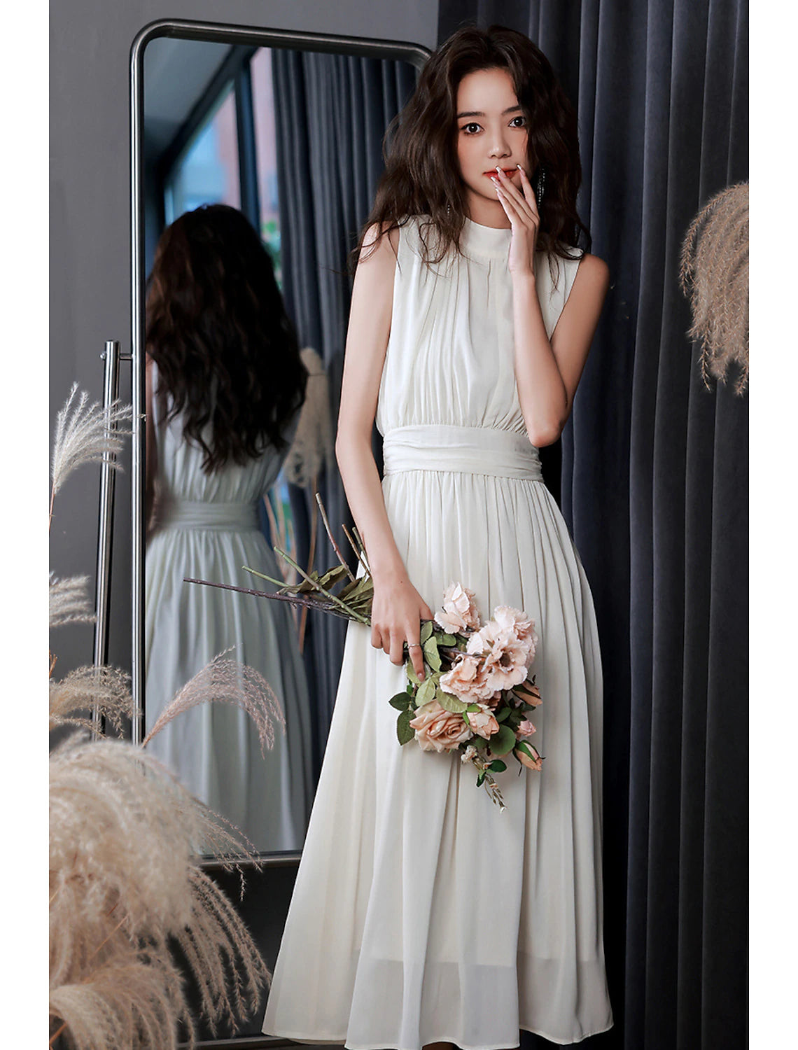Elegant A-Line High Neck Pleated Chiffon White Tea Length Reception Dress.