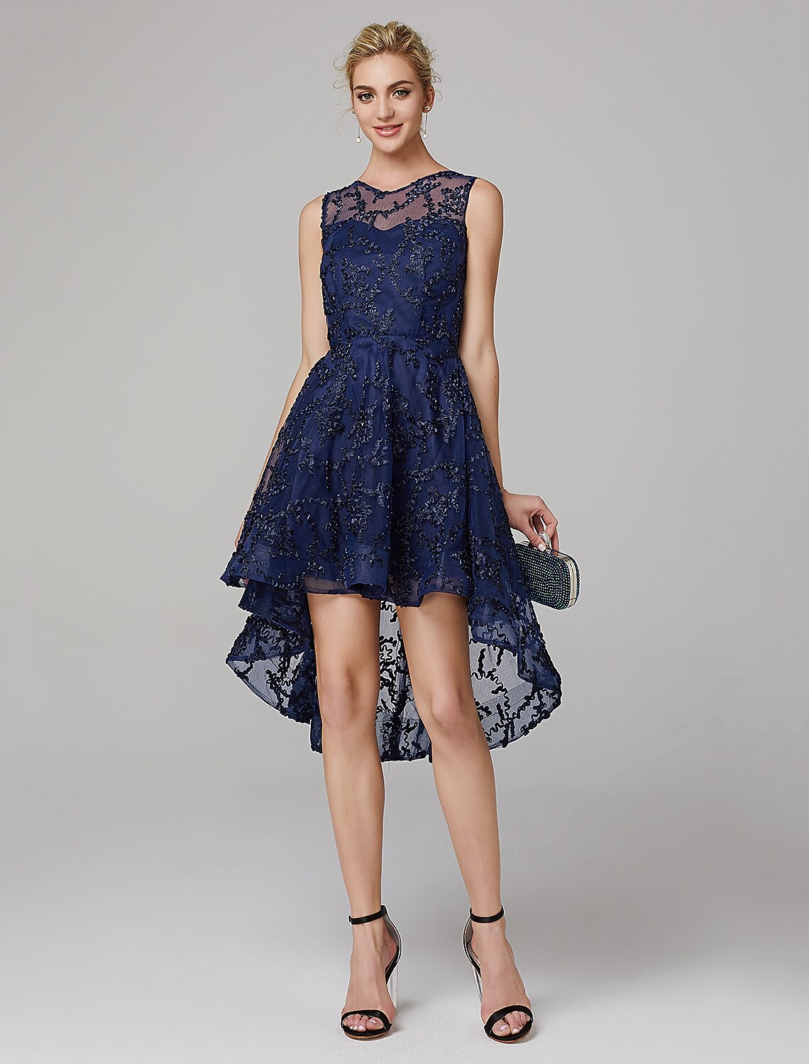 Elegant A-Line Illusion Neck Asymmetrical Applique Cocktail Wedding Guest Dress.