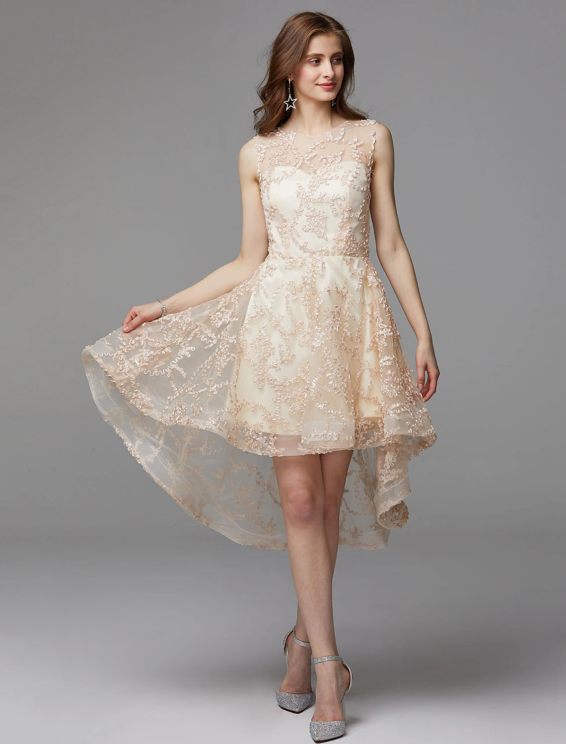 Elegant A-Line Illusion Neck Asymmetrical Applique Cocktail Wedding Guest Dress.
