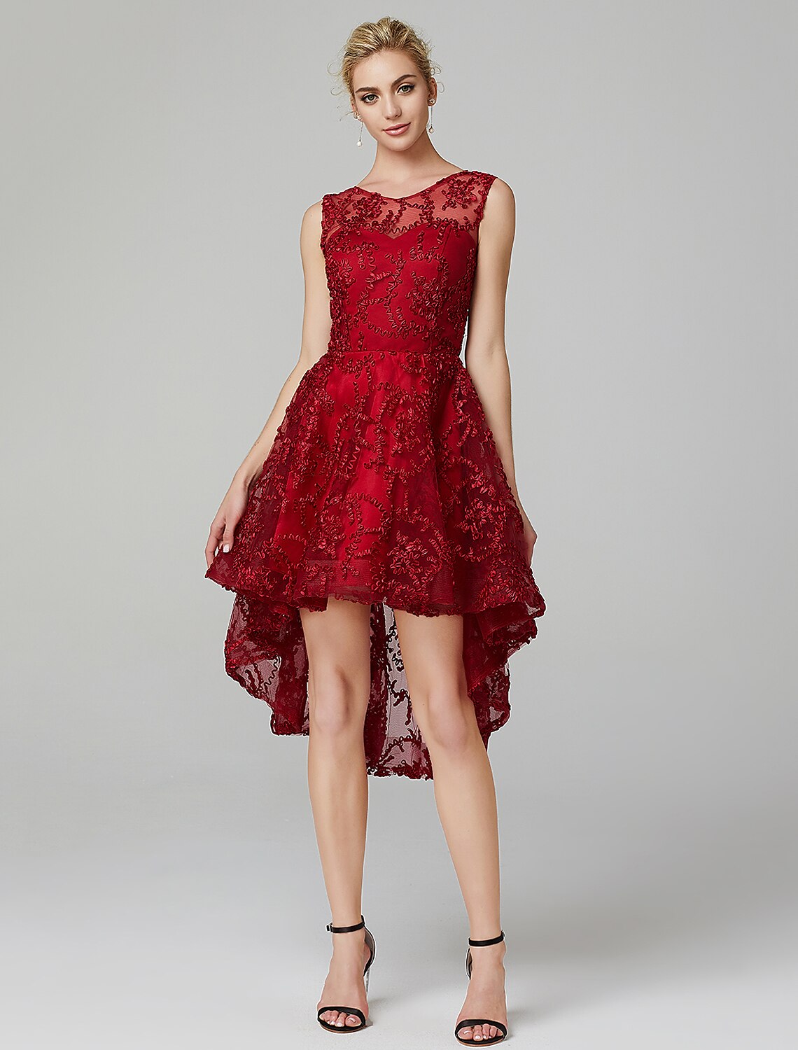 Elegant A-Line Illusion Neck Asymmetrical Applique Cocktail Wedding Guest Dress.