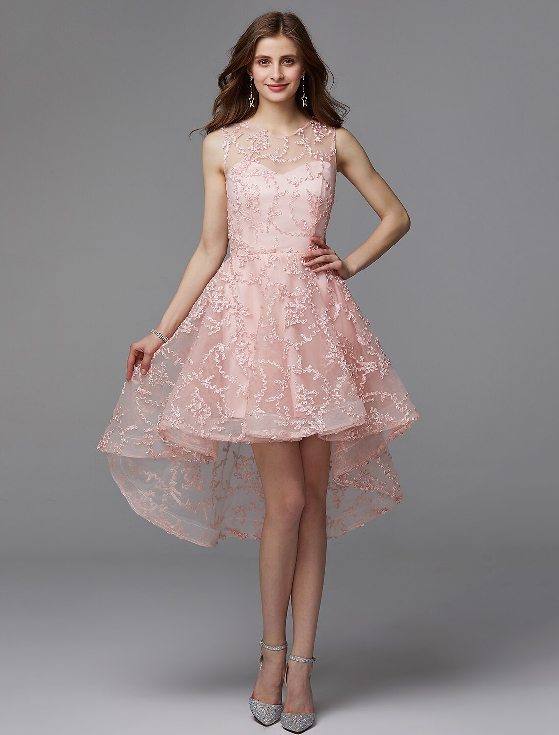Elegant A-Line Illusion Neck Asymmetrical Applique Cocktail Wedding Guest Dress.