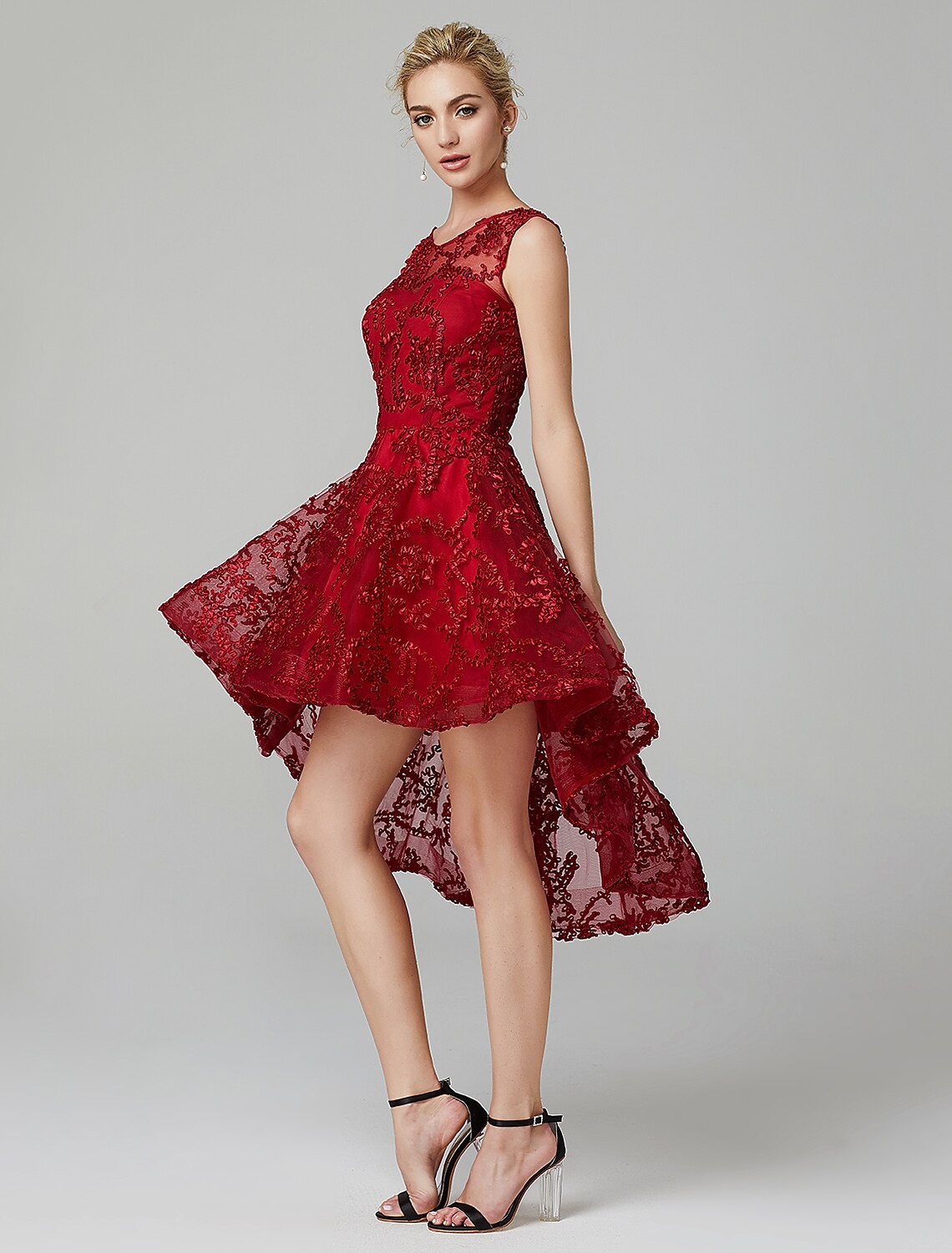 Elegant A-Line Illusion Neck Asymmetrical Applique Cocktail Wedding Guest Dress.