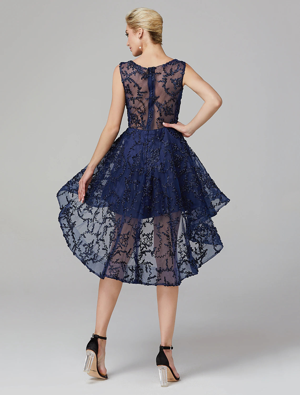 Elegant A-Line Illusion Neck Asymmetrical Applique Cocktail Wedding Guest Dress.