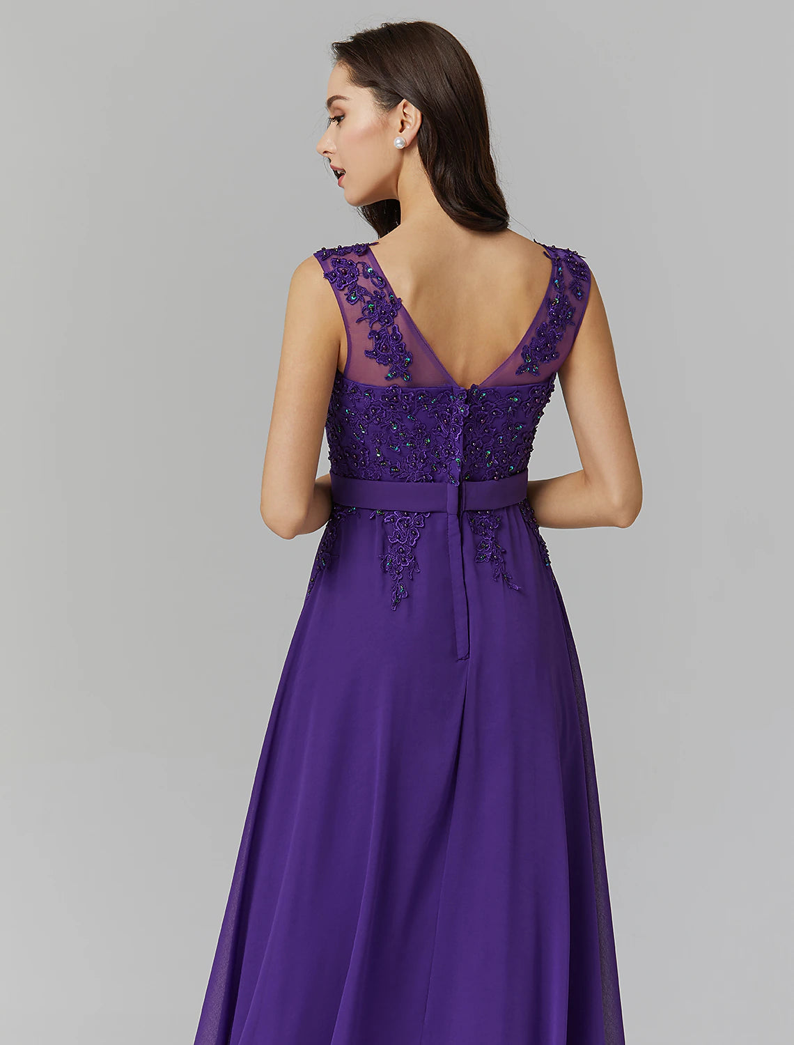 Full length view of elegant Chinese style chiffon gown.