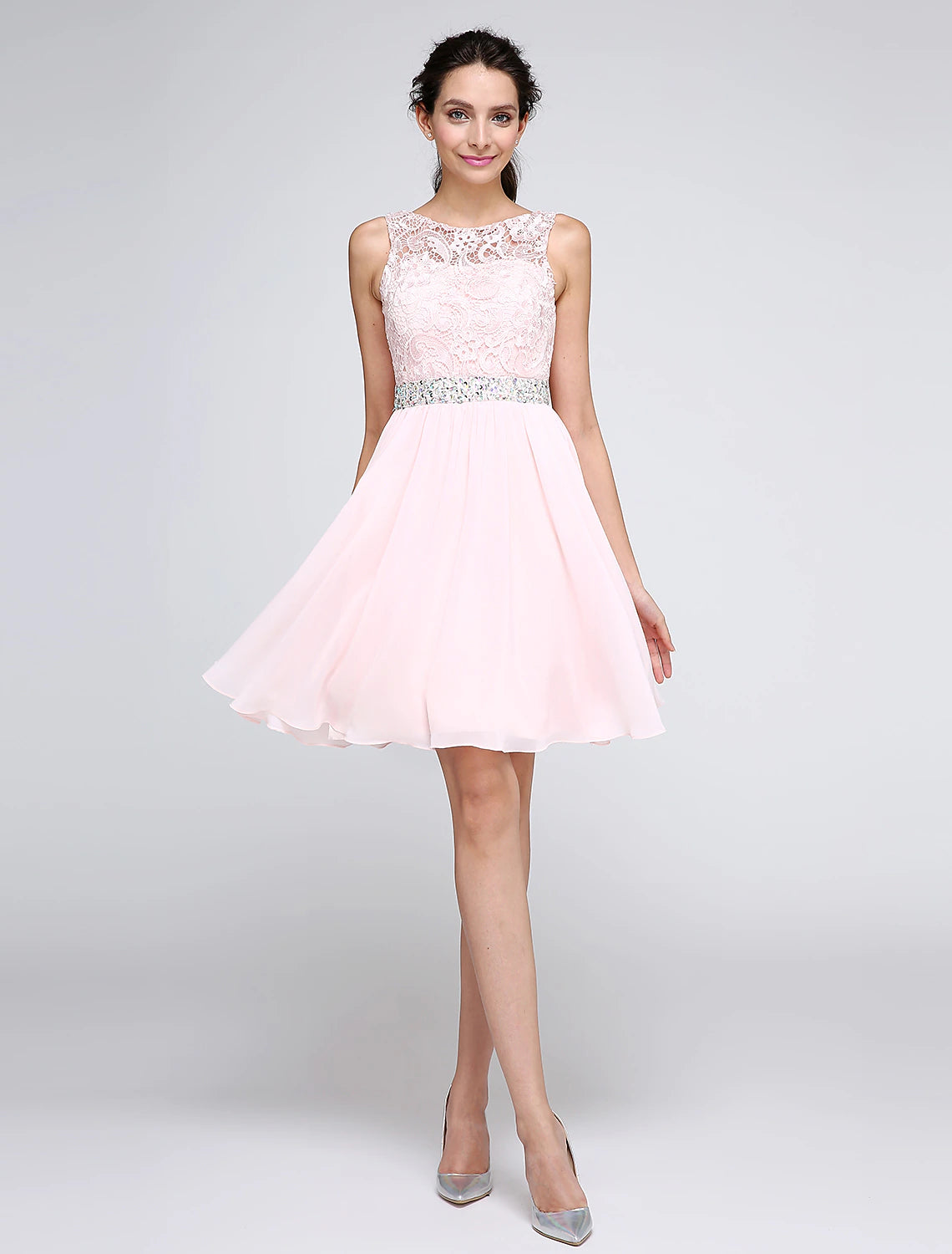 Elegant A-Line Illusion Neck Pink Chiffon Short Homecoming Party Dress.