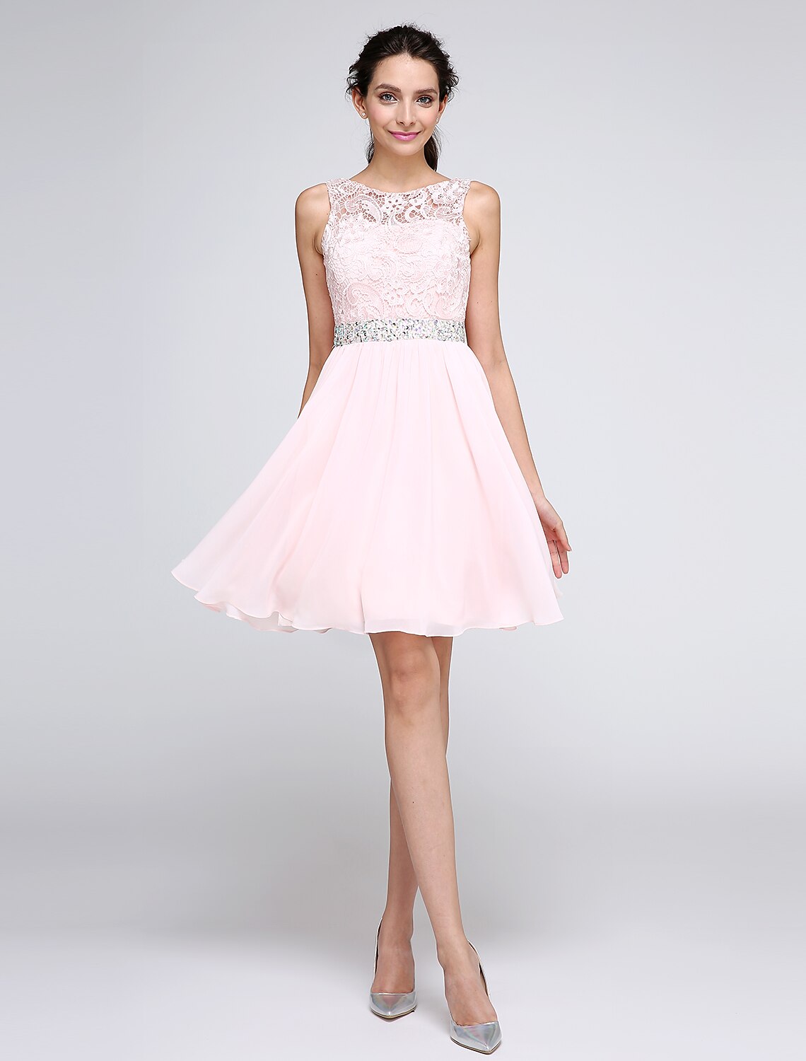 Elegant A-Line Illusion Neck Pink Mini Party Dress with V-Back.