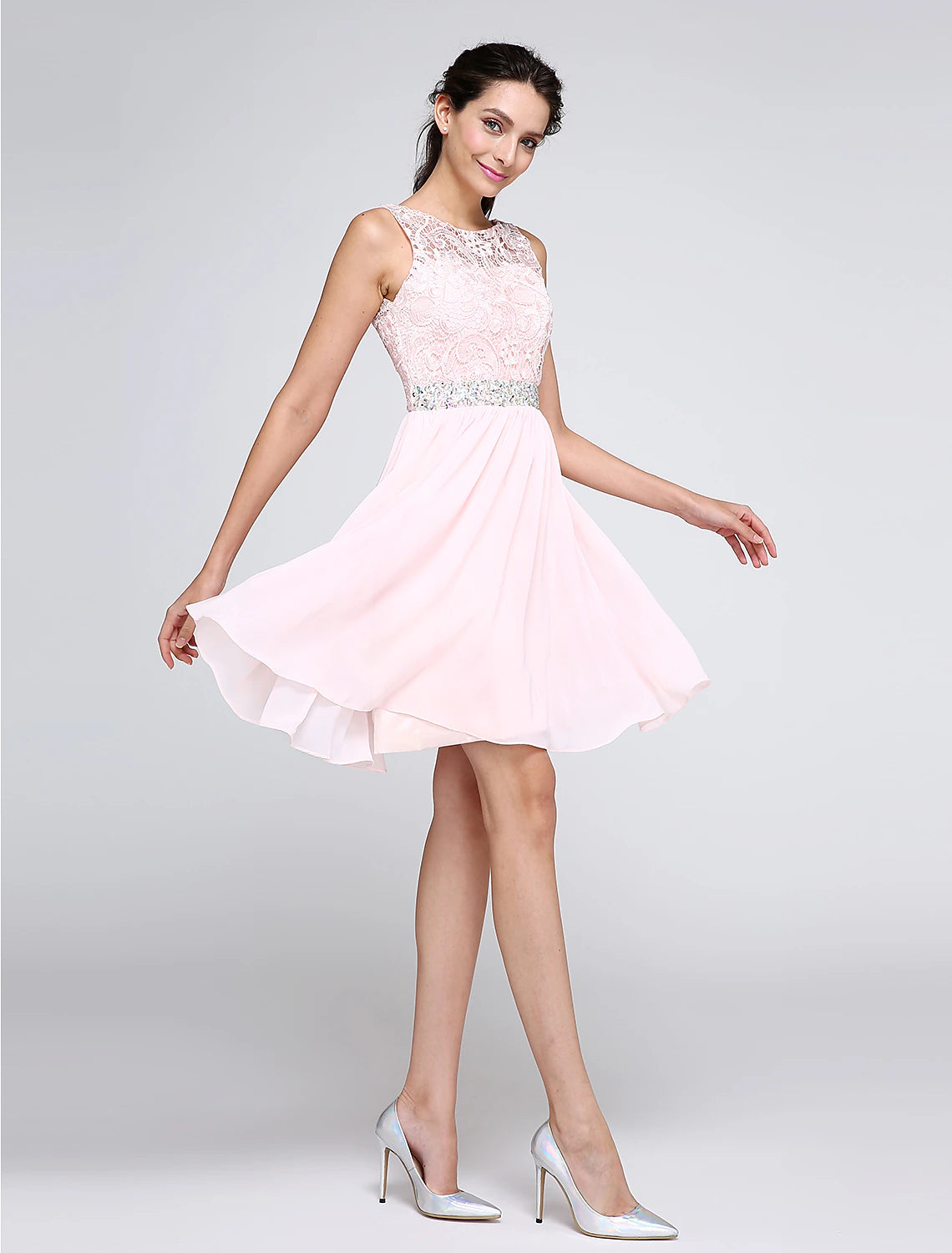 Elegant A-Line Illusion Neck Pink Mini Party Dress with V-Back.