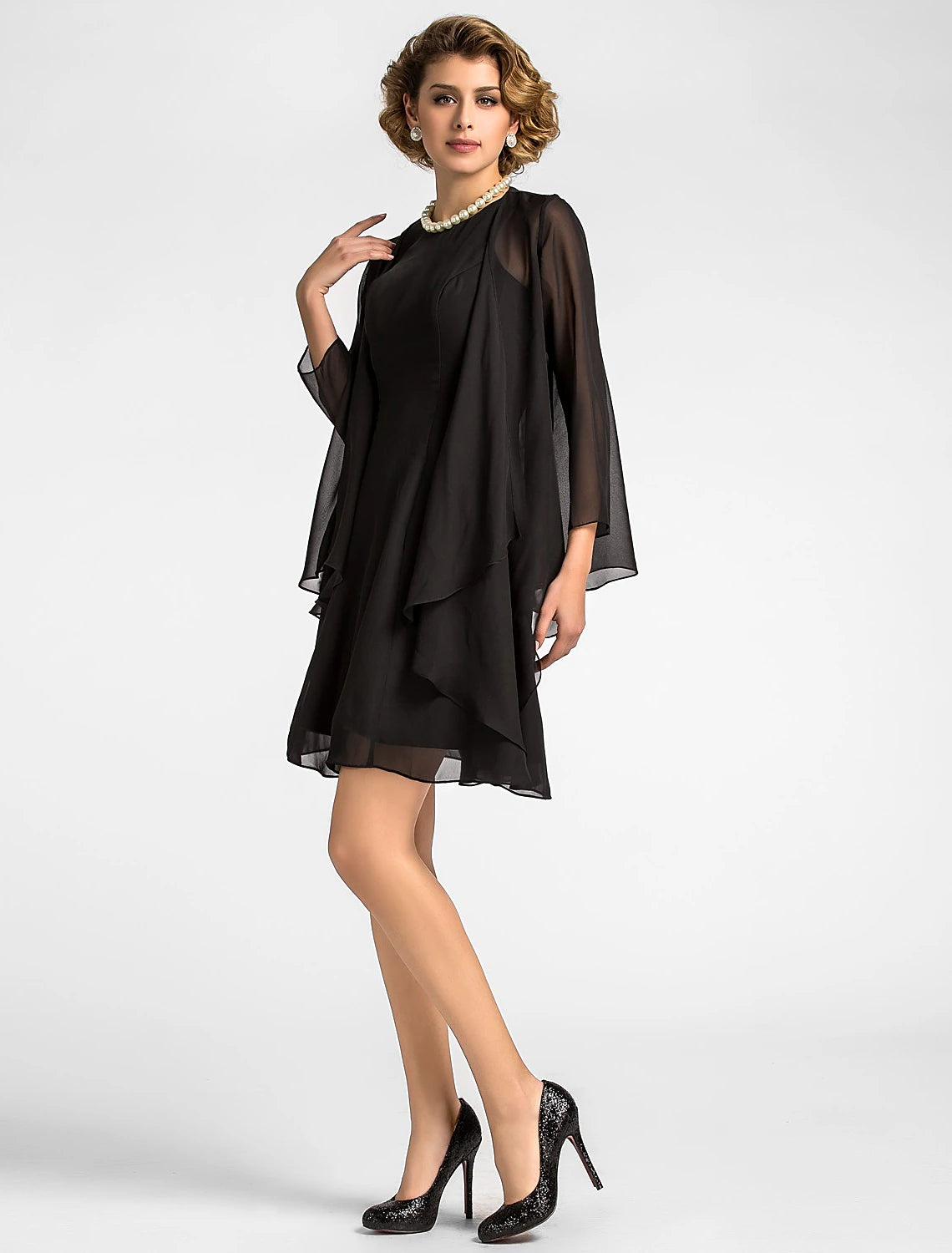 Elegant A-Line Mother of the Bride dress with jewel neck and 3/4 sleeves, front view.