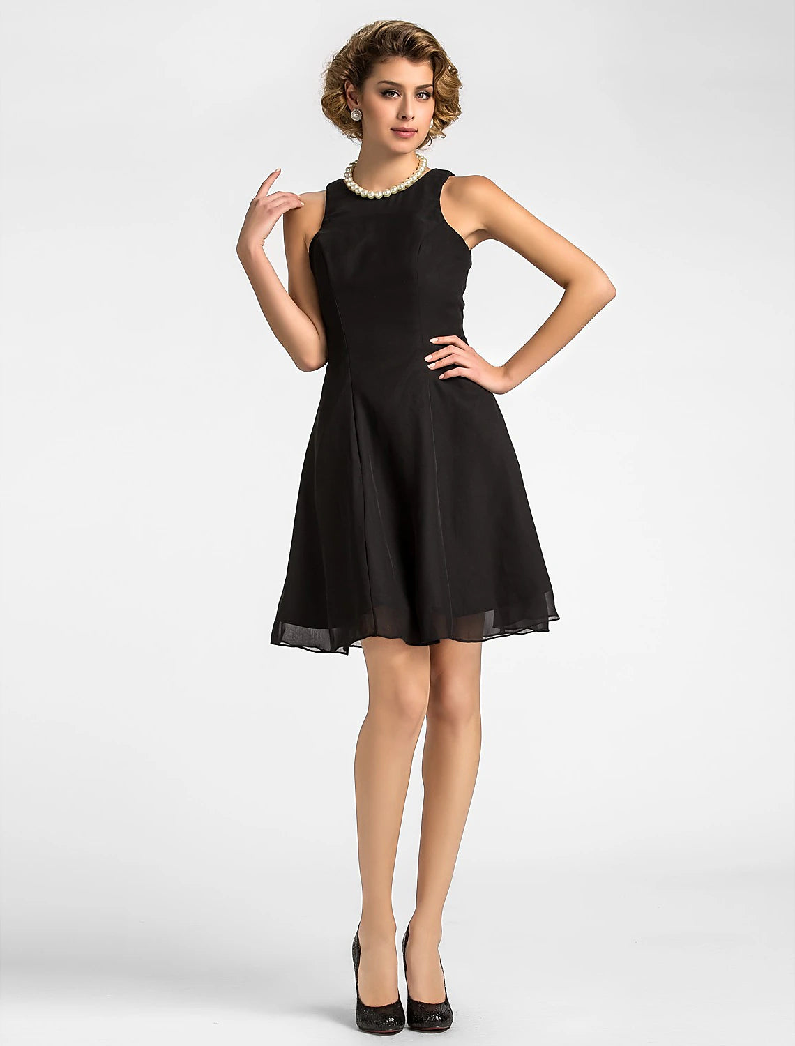 Back view of the A-Line chiffon dress, showing draping details.