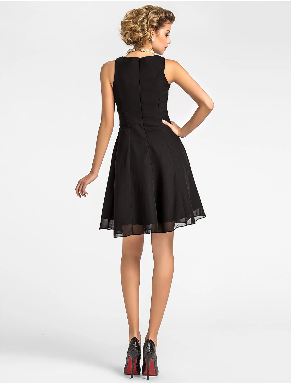 Detail of the delicate draping on the A-Line chiffon dress.