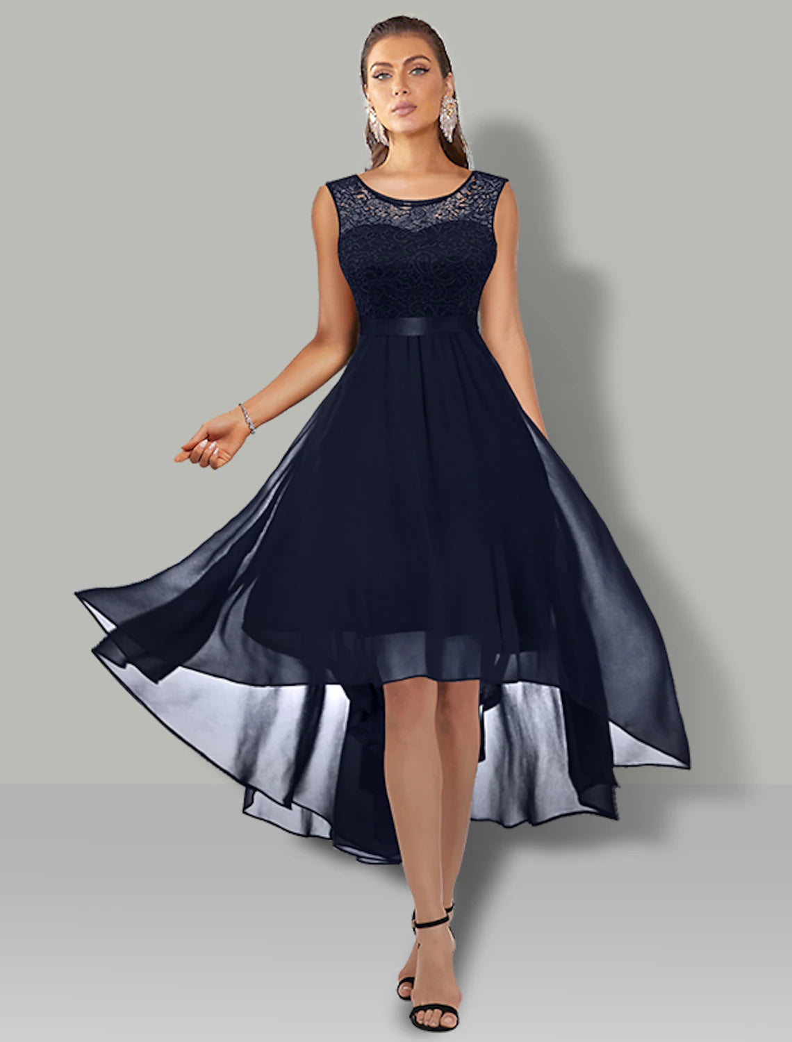 Elegant A-Line Jewel Neck Chiffon Cocktail Dress with Pleats and Lace.