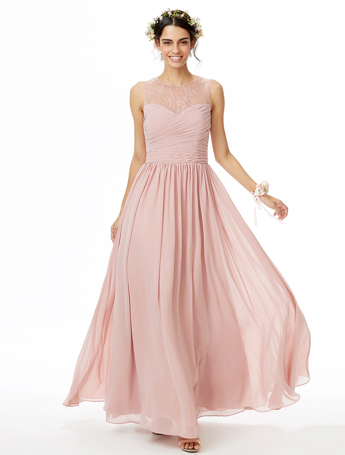Floor-length chiffon lace bridesmaid gown with criss-cross back.