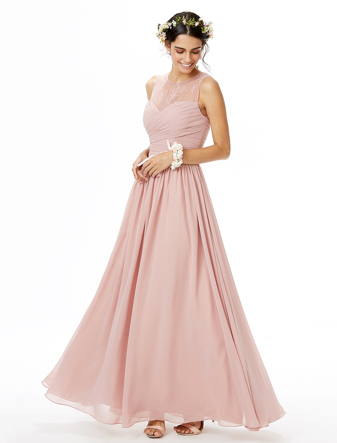 Close-up of see-through lace and chiffon fabric on bridesmaid dress.