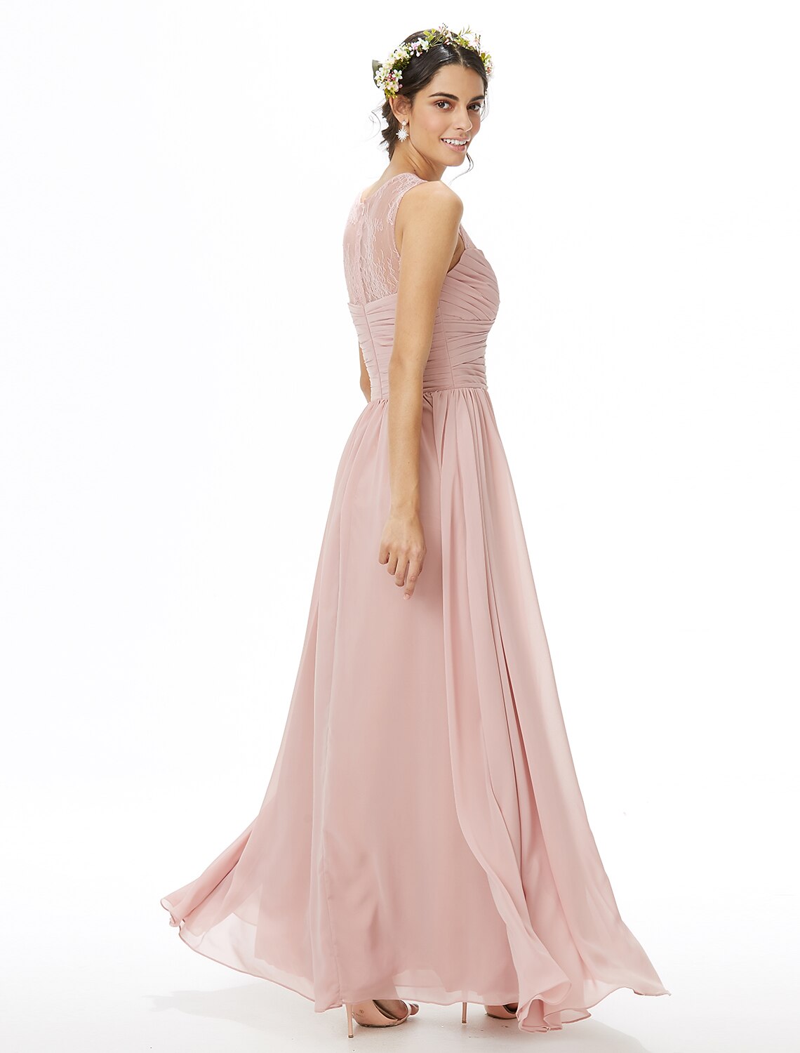 Sleeveless A-line bridesmaid dress with pleated skirt detail.