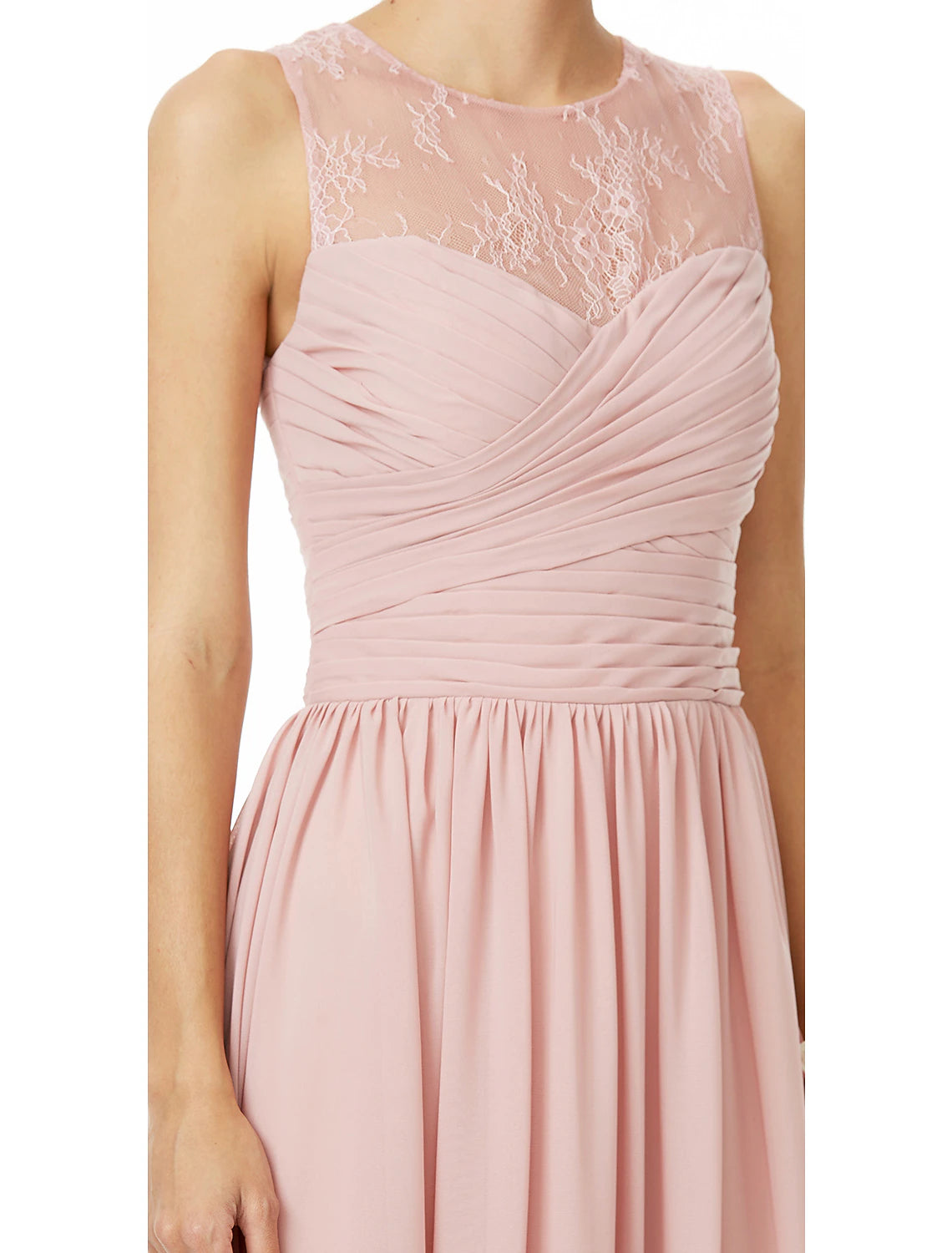 Graceful floor-length bridesmaid dress with elegant lace accents.