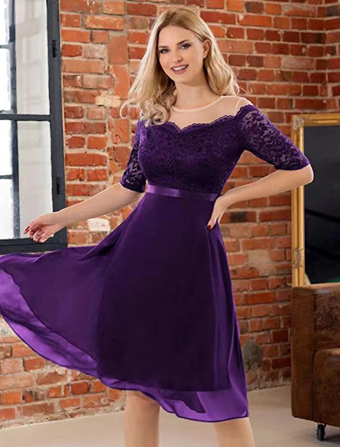 Elegant A-Line Jewel Neck Half Sleeve Lace Pleated Knee-Length Cocktail Dress.