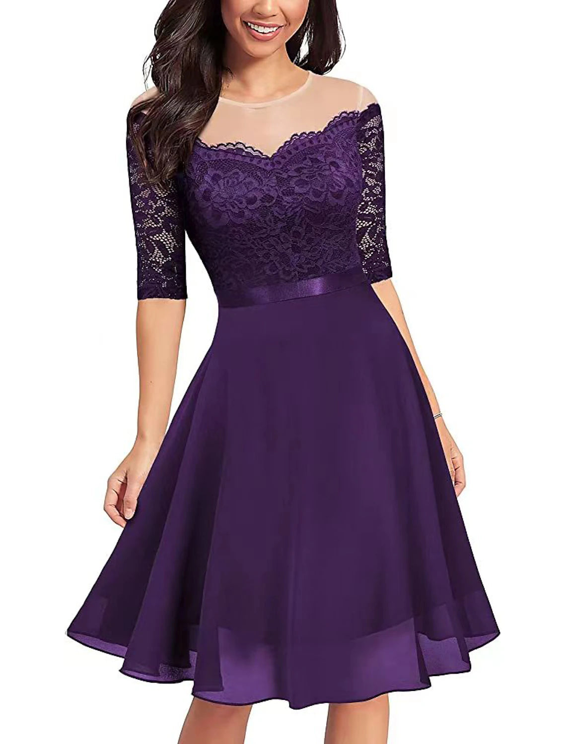 Elegant A-Line Jewel Neck Half Sleeve Lace Pleated Knee-Length Cocktail Dress.