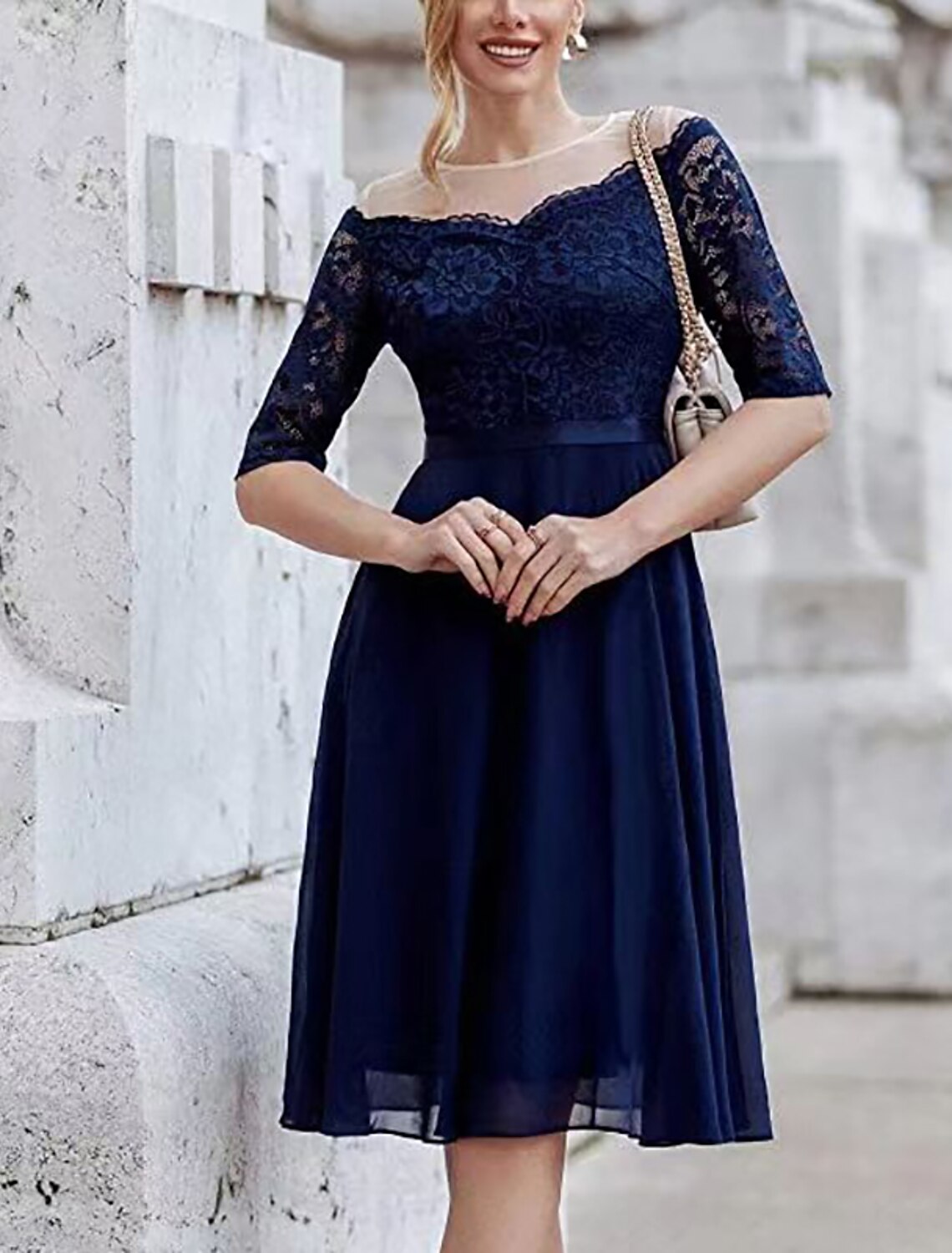 Elegant A-Line Jewel Neck Half Sleeve Lace Pleated Knee-Length Cocktail Dress.