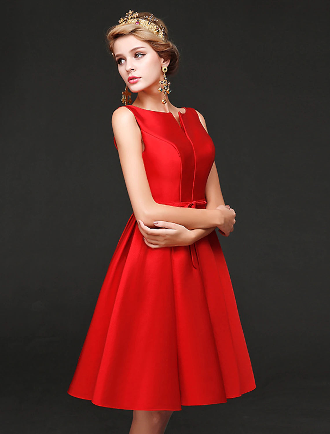 Elegant A-Line Jewel Neck Satin Cocktail Dress with Sash Short Mini.
