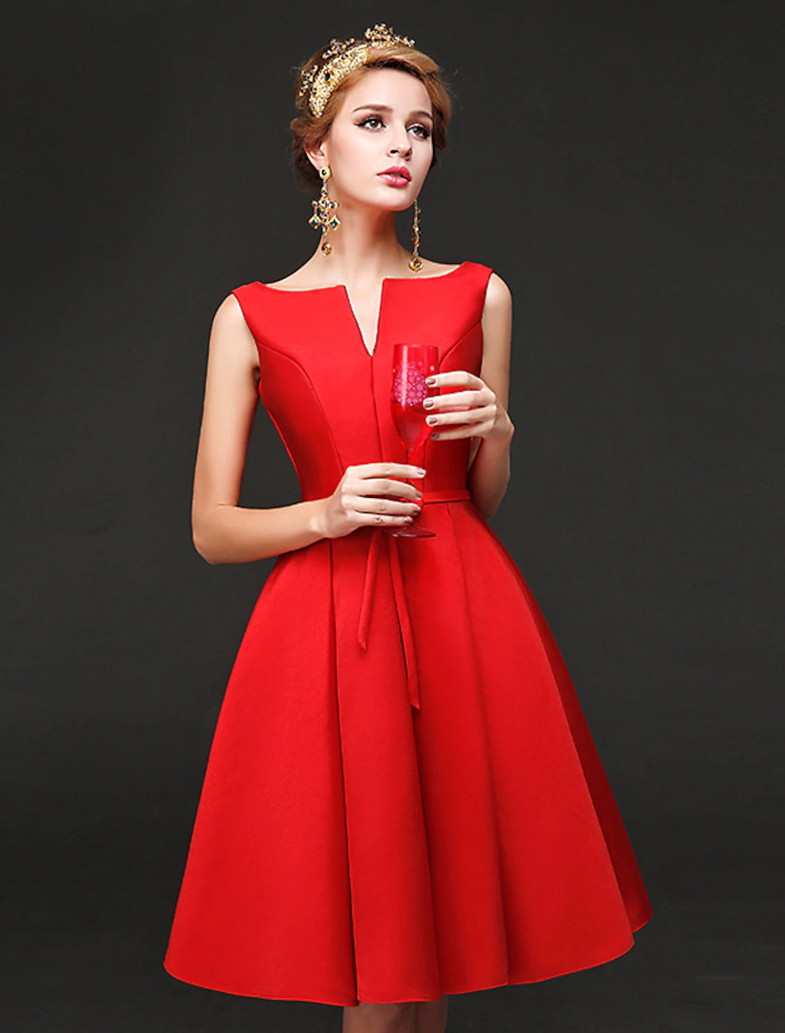 Elegant A-Line Jewel Neck Satin Cocktail Dress with Sash Short Mini.