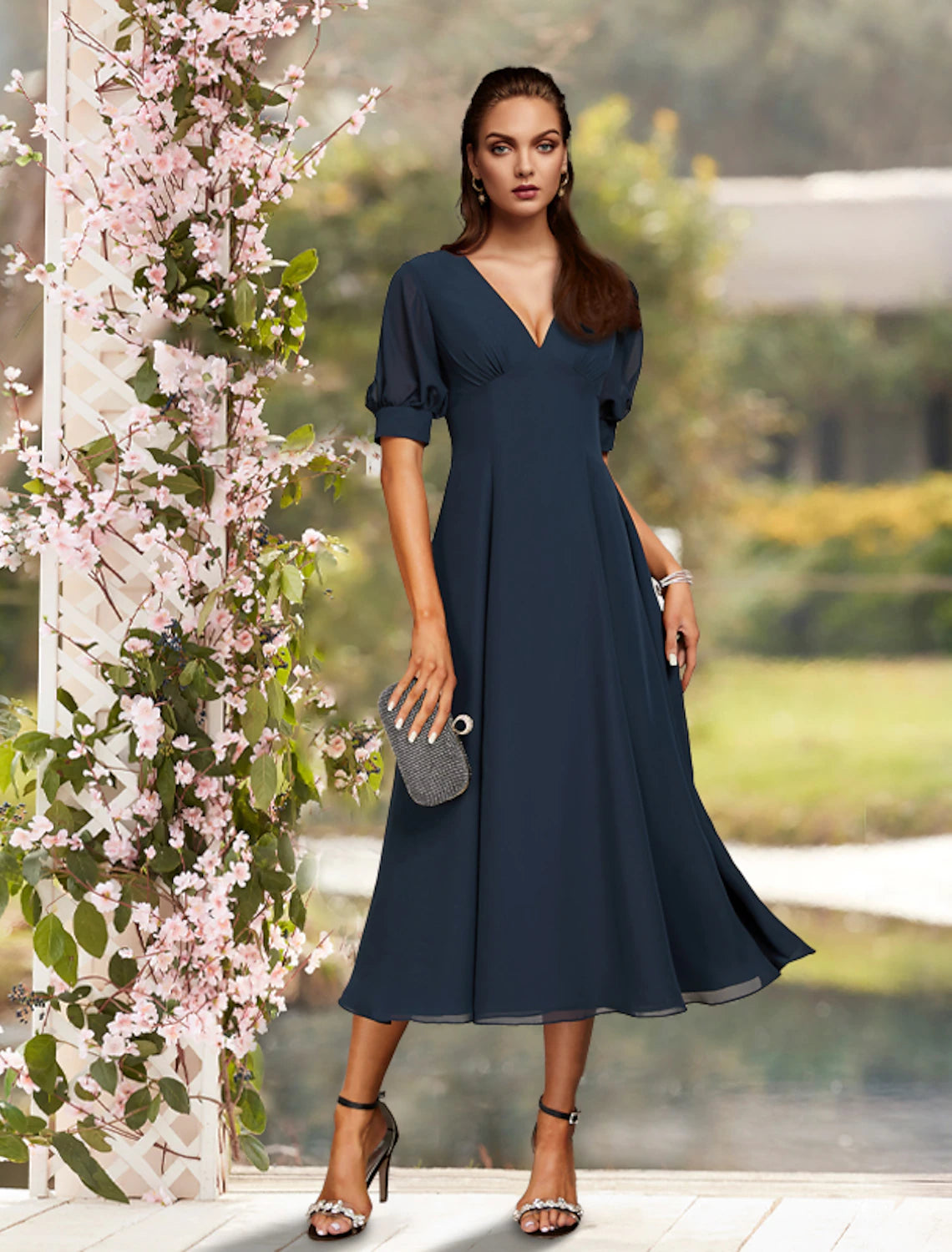 Elegant A-Line Jewel Neck Short Sleeve Chiffon Tea Length Plus Size Dress.