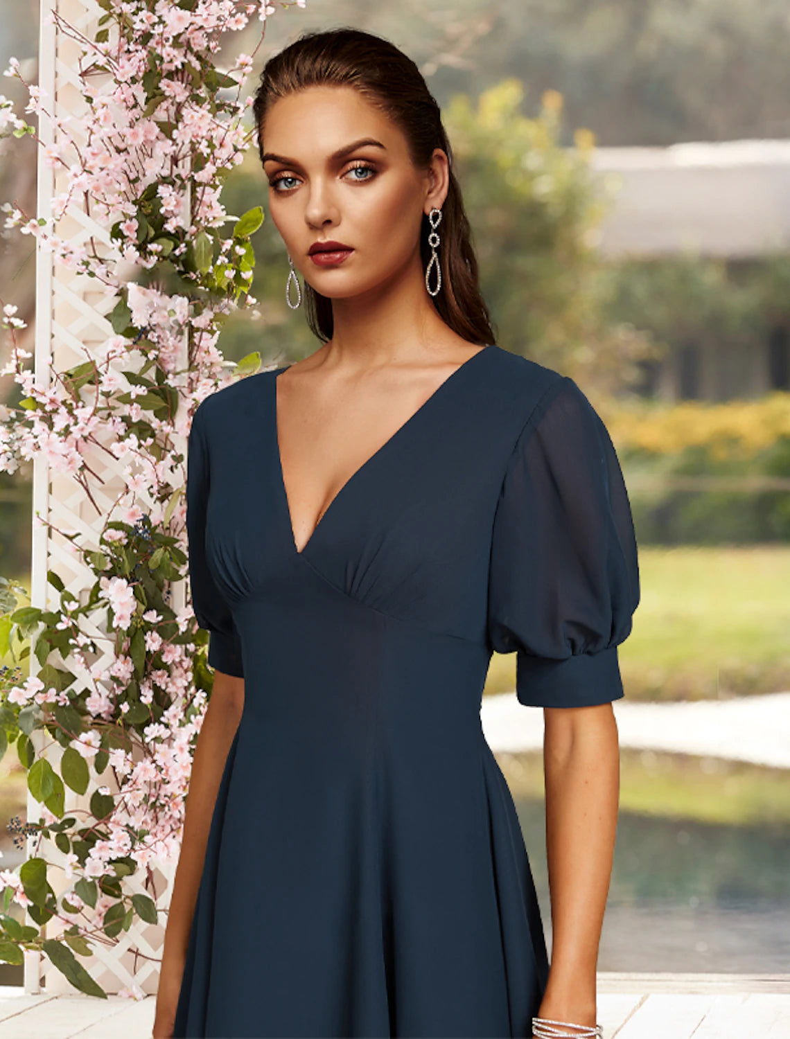 Elegant A-Line Jewel Neck Short Sleeve Chiffon Tea Length Plus Size Dress.