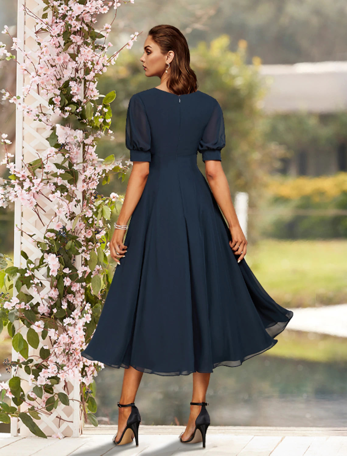 Elegant A-Line Jewel Neck Short Sleeve Chiffon Tea Length Plus Size Dress.