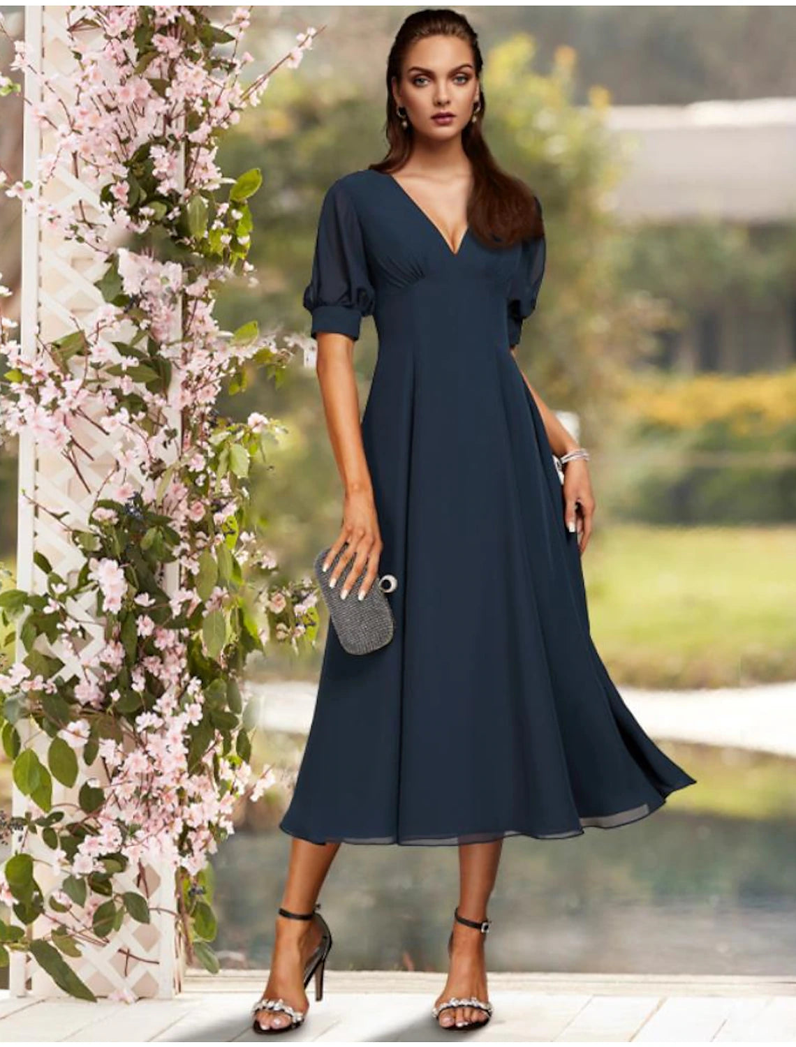 Elegant A-Line Jewel Neck Short Sleeve Chiffon Tea Length Plus Size Dress.