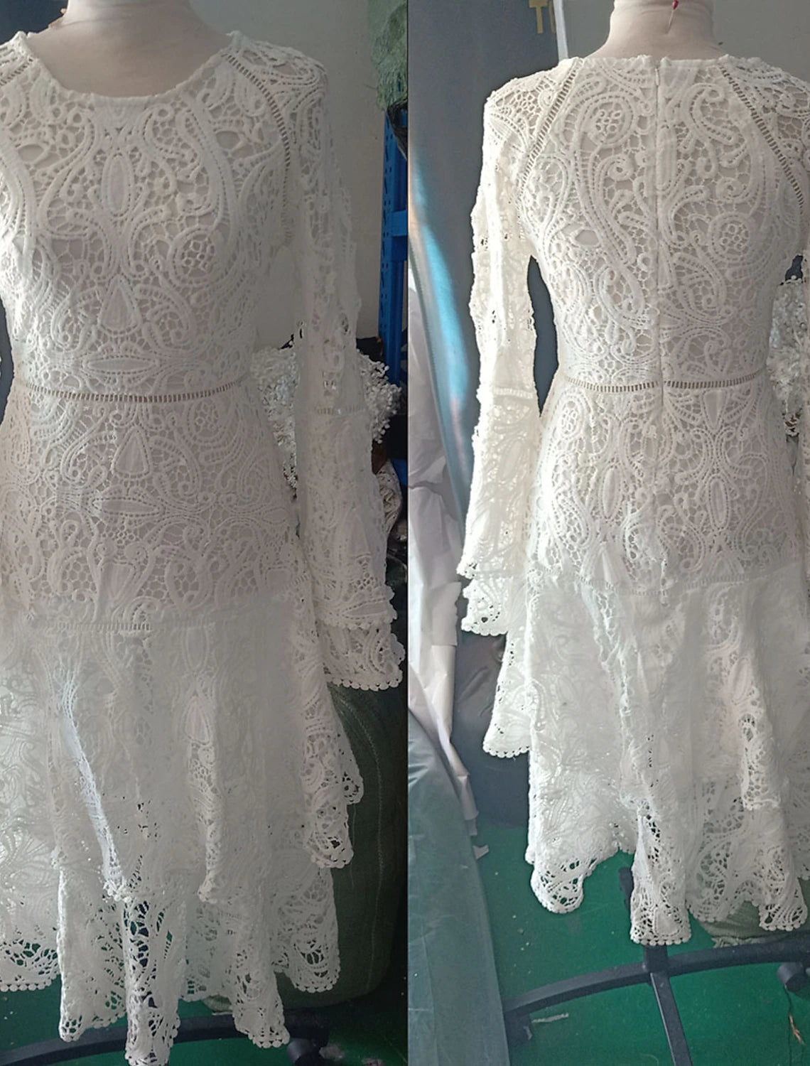 Elegant A-Line Jewel Neck Sleeveless Lace Boho Ankle Length White Reception Dress.