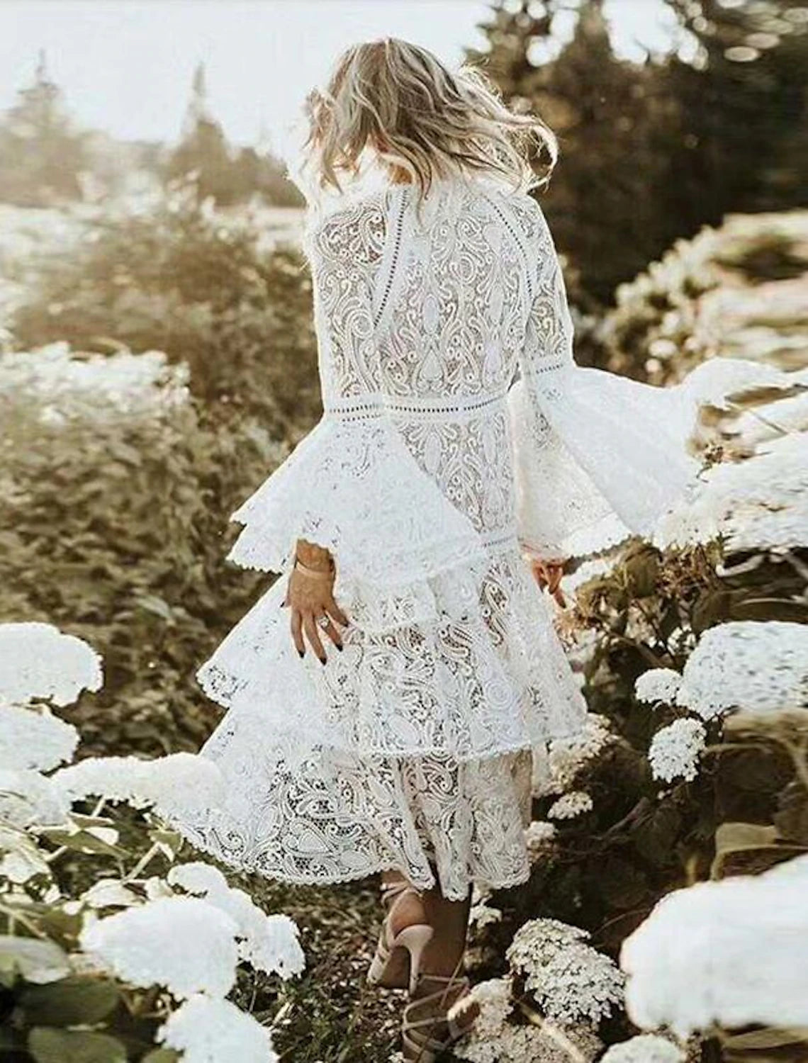 Elegant A-Line Jewel Neck Sleeveless Lace Boho Ankle Length White Reception Dress.