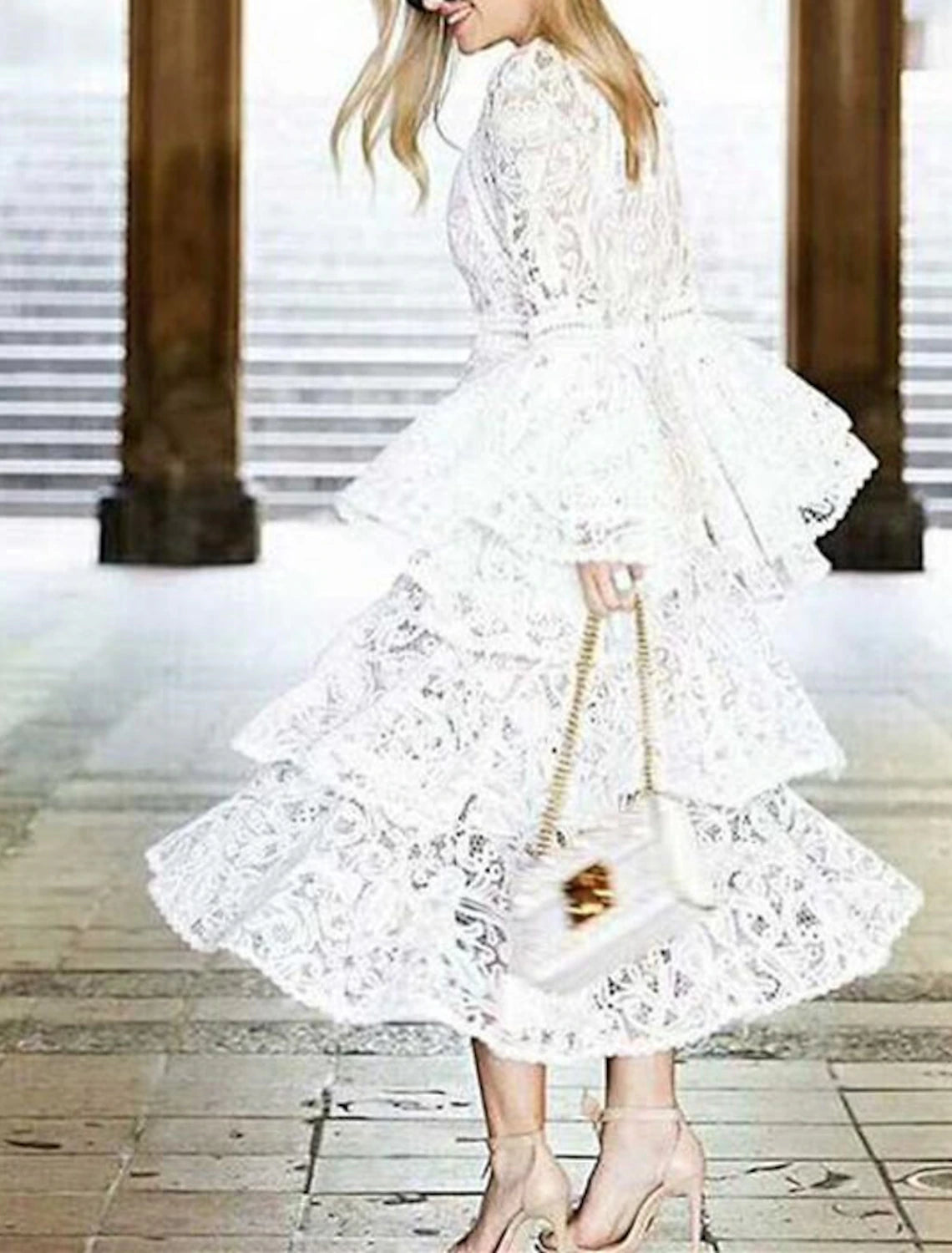 Elegant A-Line Jewel Neck Sleeveless Lace Boho Ankle Length White Reception Dress.