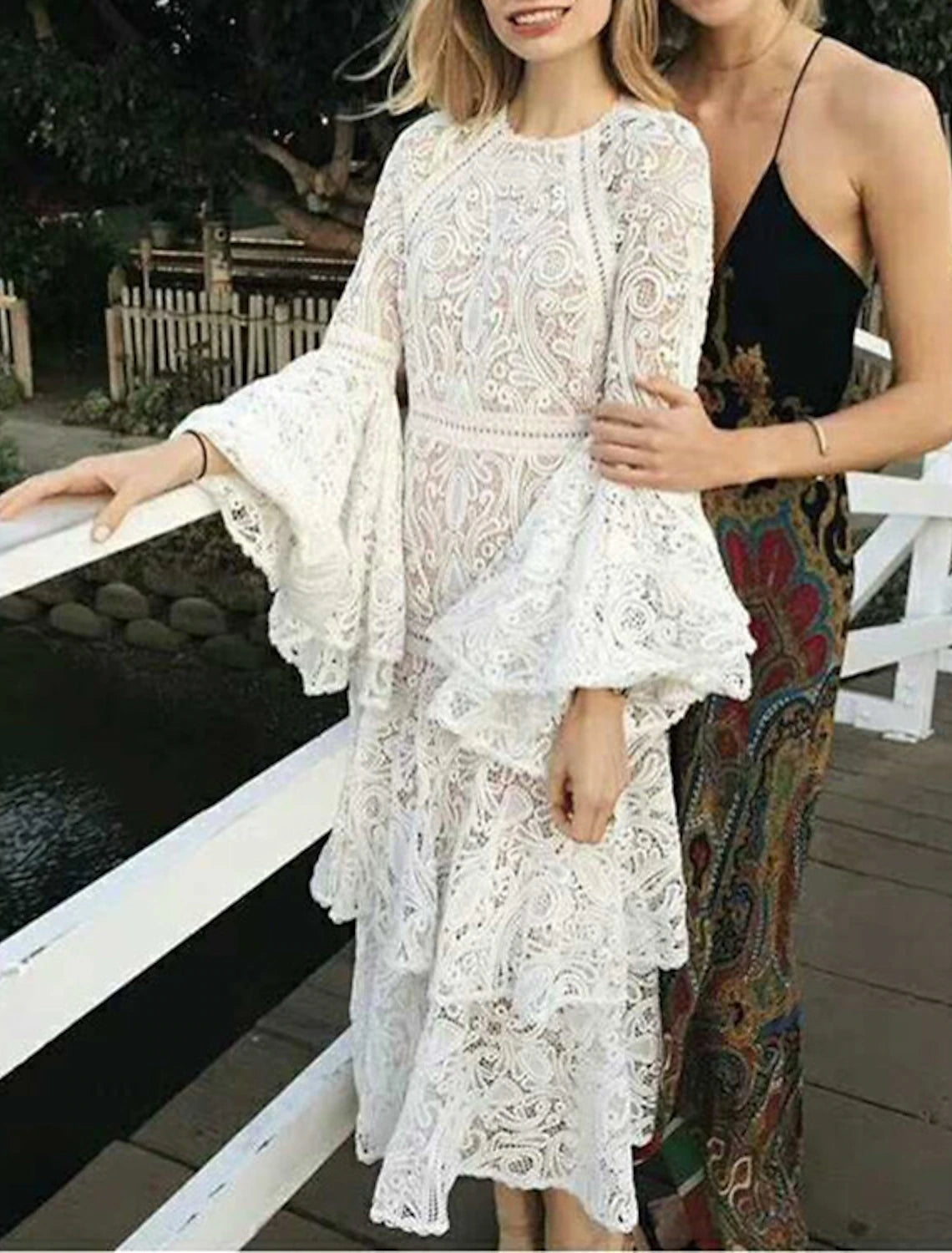 Elegant A-Line Jewel Neck Sleeveless Lace Boho Ankle Length White Reception Dress.