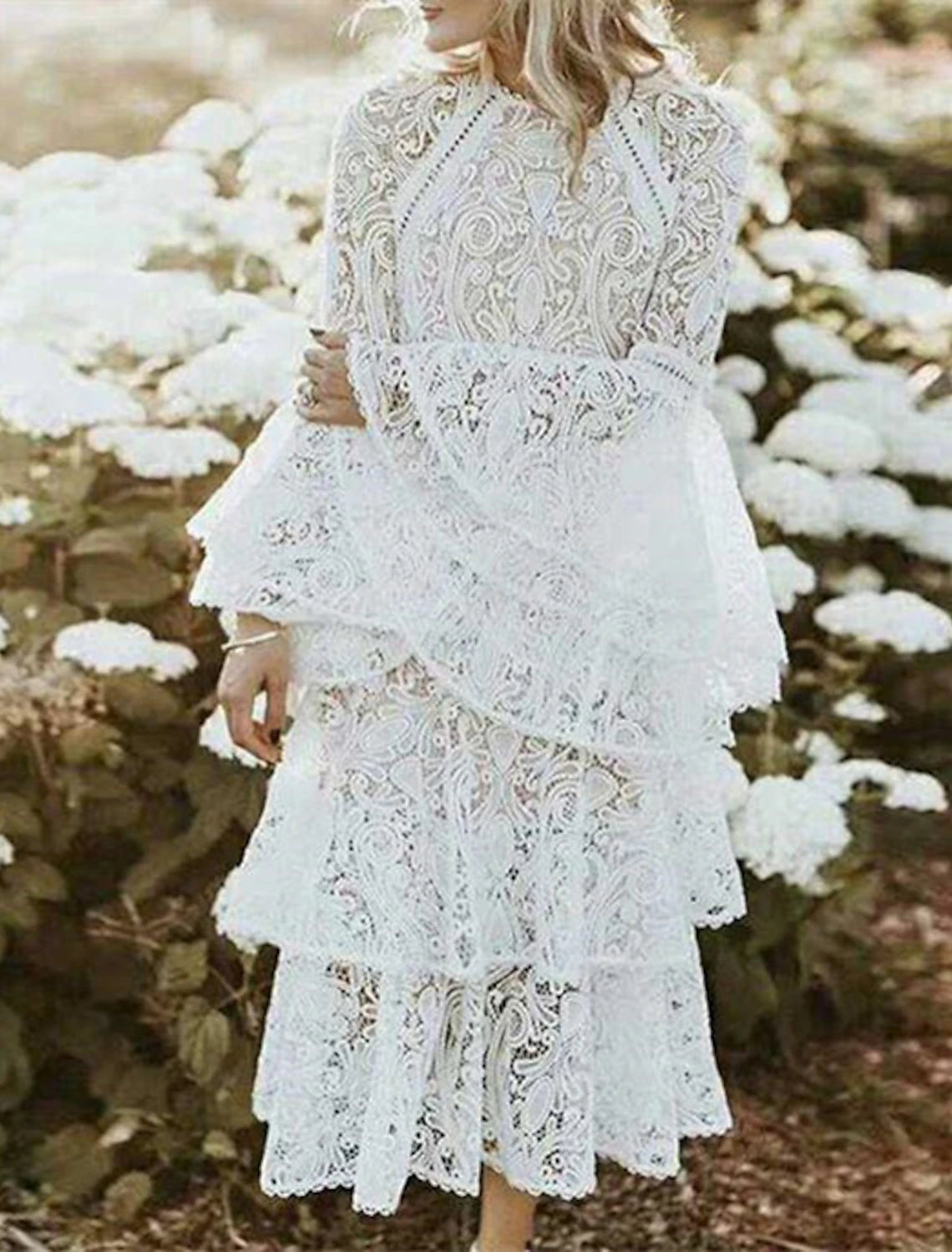 Elegant A-Line Jewel Neck Sleeveless Lace Boho Ankle Length White Reception Dress.