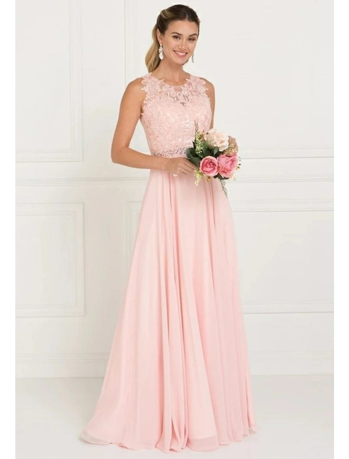 Elegant A-Line bridesmaid dress with jewel neck and lace details.
