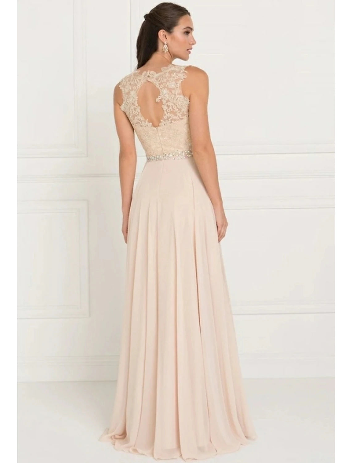 Sleeveless tulle bridesmaid dress with sweep train and sash.