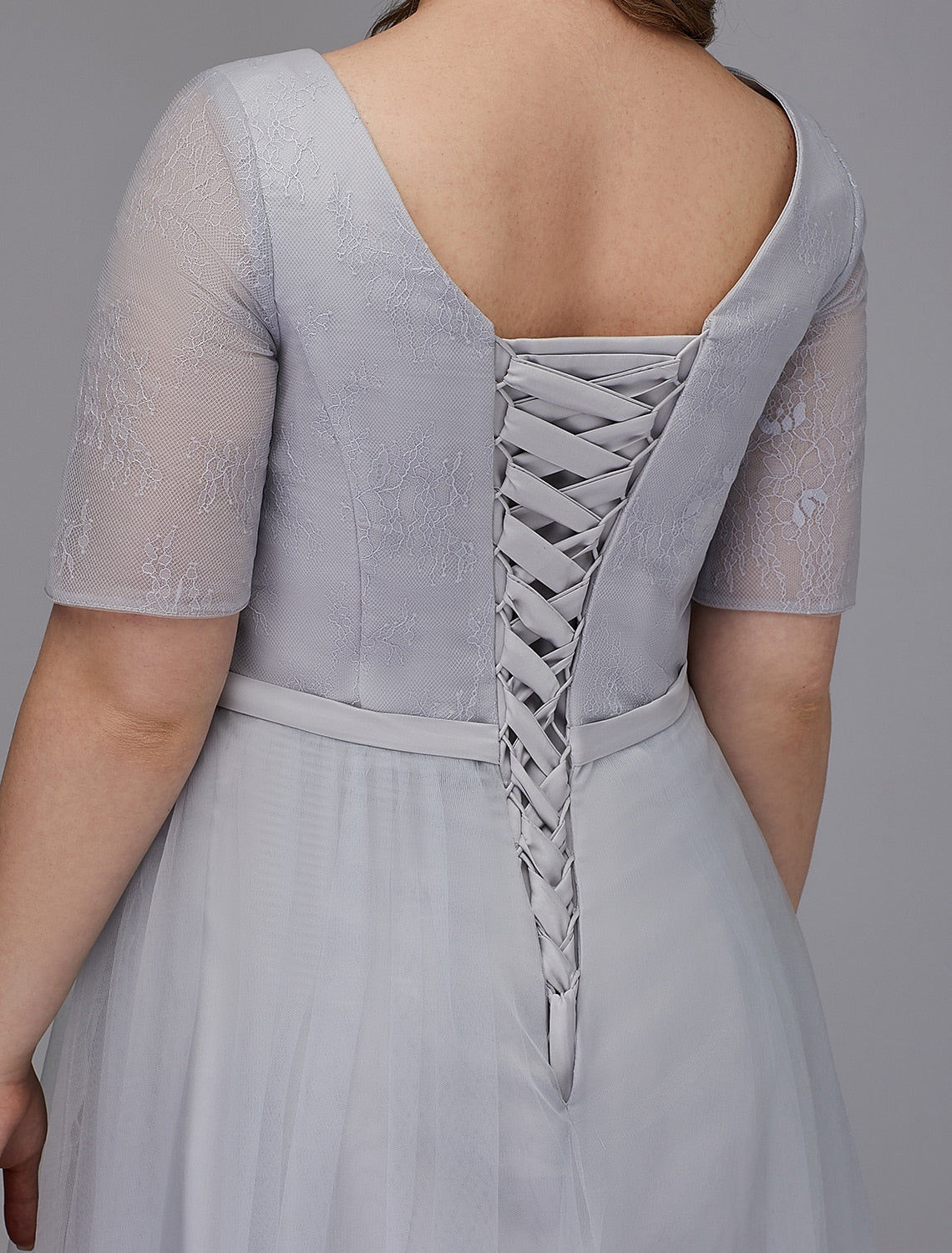 Elegant A-Line Lace V-Neck Short Sleeve Tea Length Cocktail Dress.