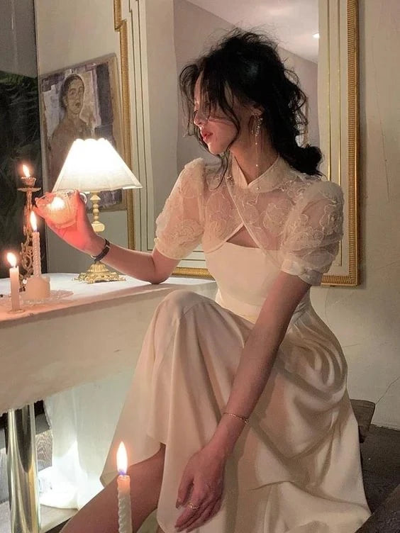 Elegant A-Line Mandarin Collar Sheer-Sleeve Open Back Lace Satin Midi Evening Dress