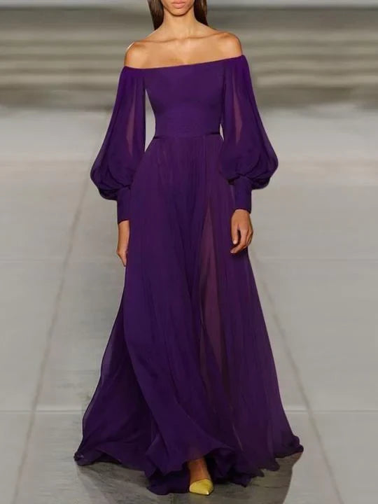 Elegant A-Line Off Shoulder Bishop Sleeve Open Back Floor Length Evening Dress