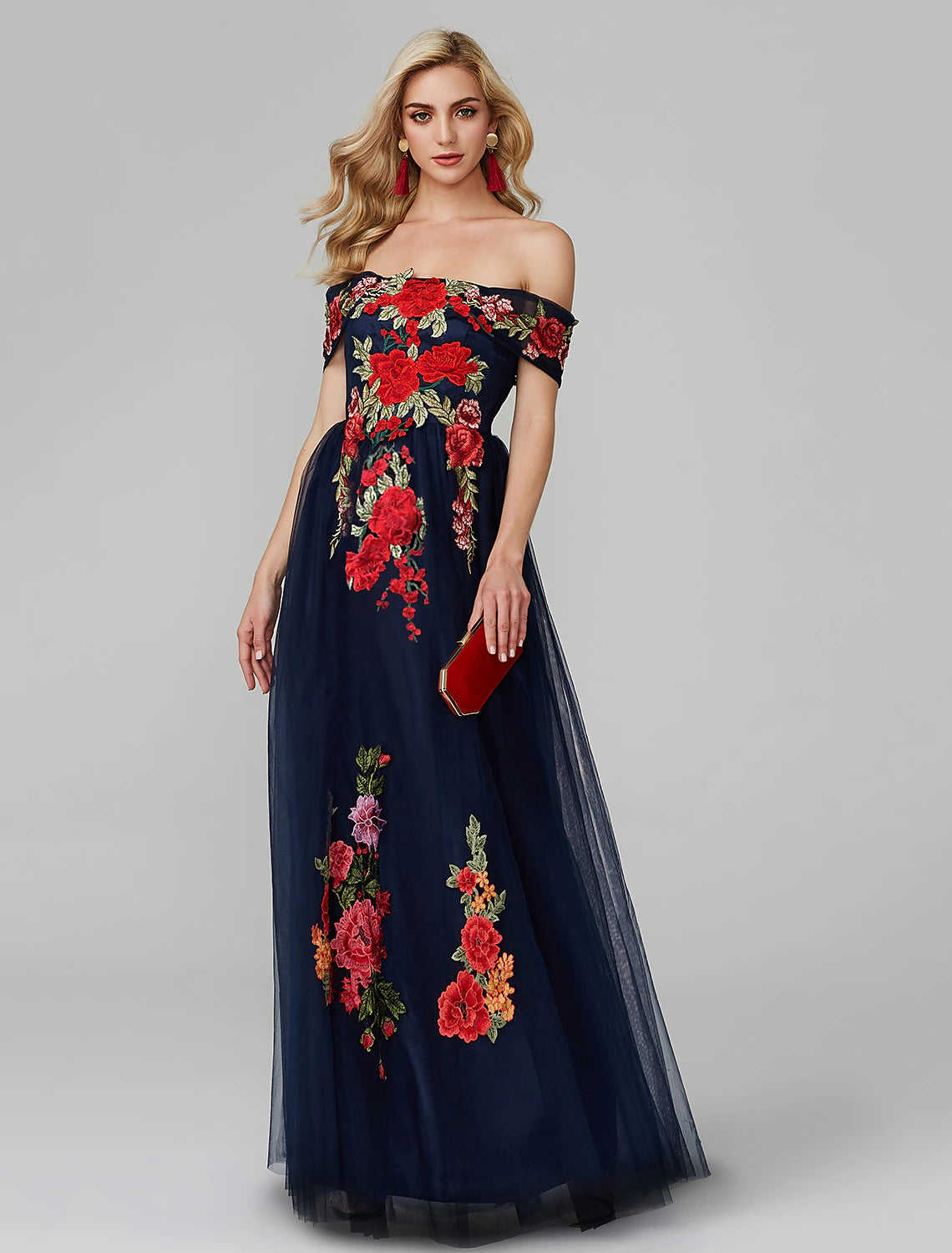 Elegant A-Line Off-Shoulder Floral Lace Tulle Floor-Length Prom Dress.