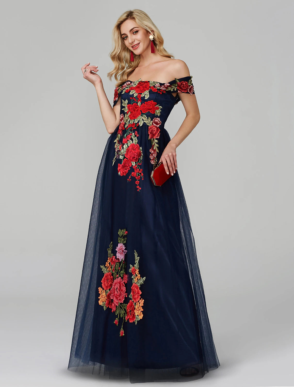Elegant A-Line Off-Shoulder Floral Lace Tulle Floor-Length Prom Dress.