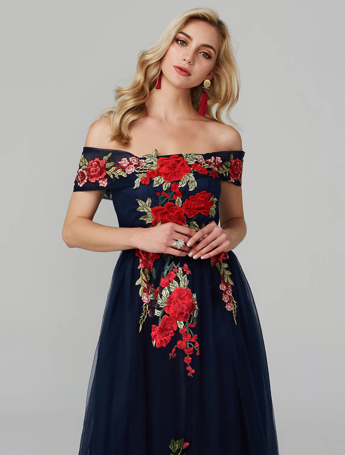Elegant A-Line Off-Shoulder Floral Lace Tulle Floor-Length Prom Dress.