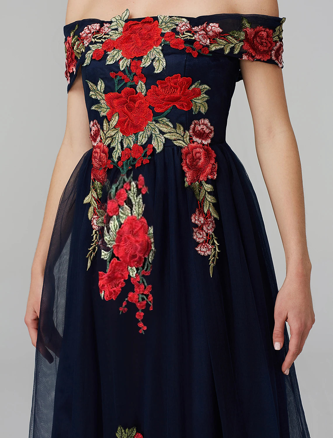 Elegant A-Line Off-Shoulder Floral Lace Tulle Floor-Length Prom Dress.